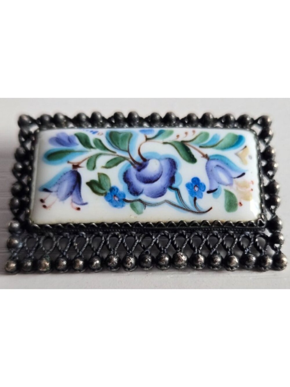 Vintage Mid Century Hand Painted Rostovskaja Finifit Porcelain Soviet Brooch Pin